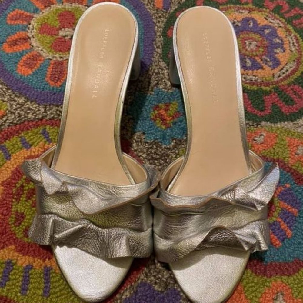 Loeffler Randall Silver Leather Ruffle Slides 9.5
